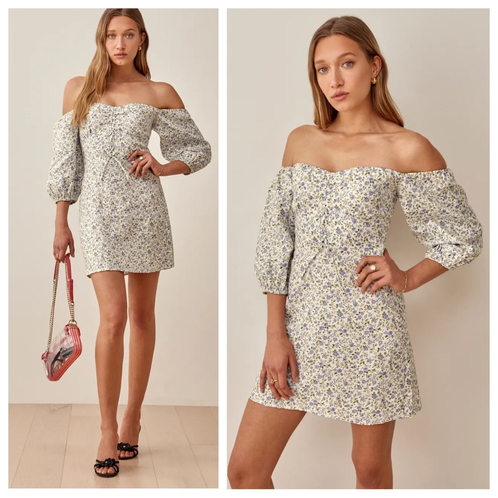 Reformation Kathryn linen off the shoulder puff sleeve dress pixie floral sz 4